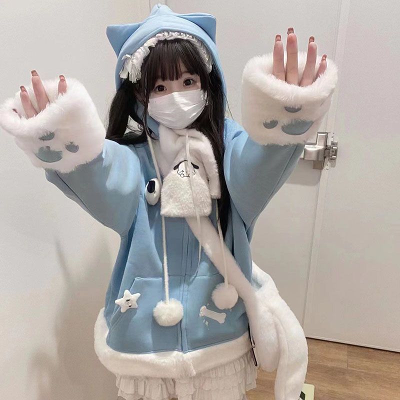 Women'S Fashion Zip Up Hoodies - Japonês bonito anime bordado gato orelha