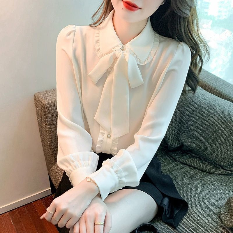 Women Fashion Korean - Blusa de Chiffon com Laço e