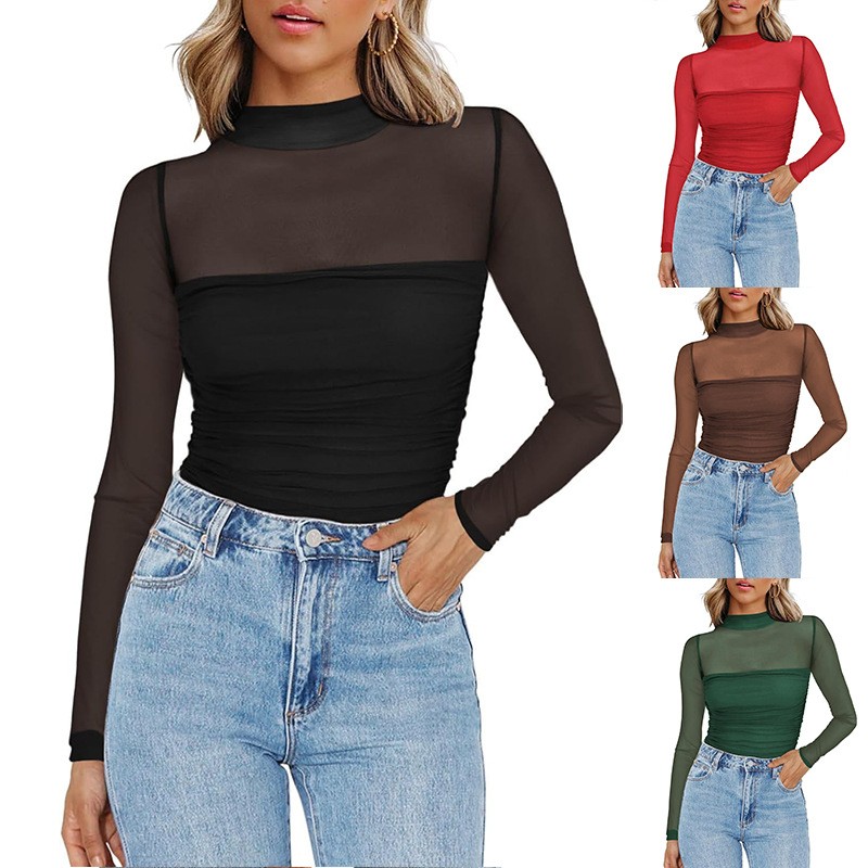 Women Top Fashion - Blusa Feminina de Malha Transparente com