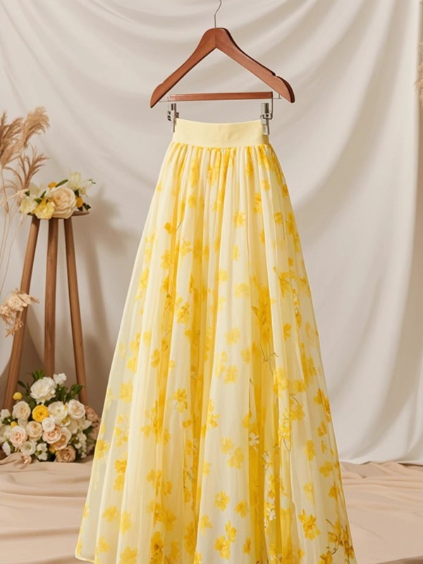 Saia Midi Feminina Amarela de  - A-Line Skirt Midi avaliação e preço