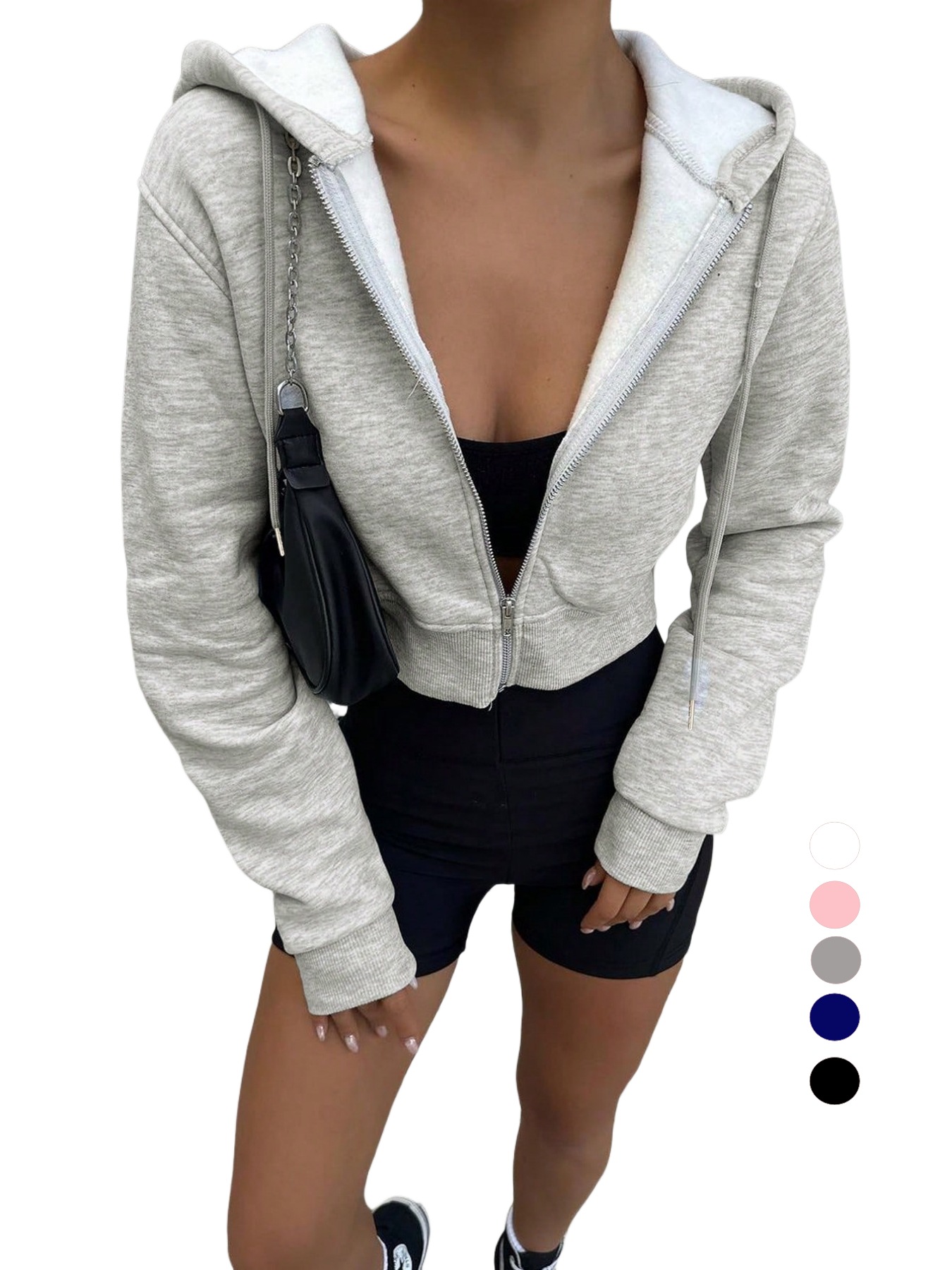 Feminino cinza recortado zip u - Women'S Fashion Zip Up Hoodies avaliação e preço