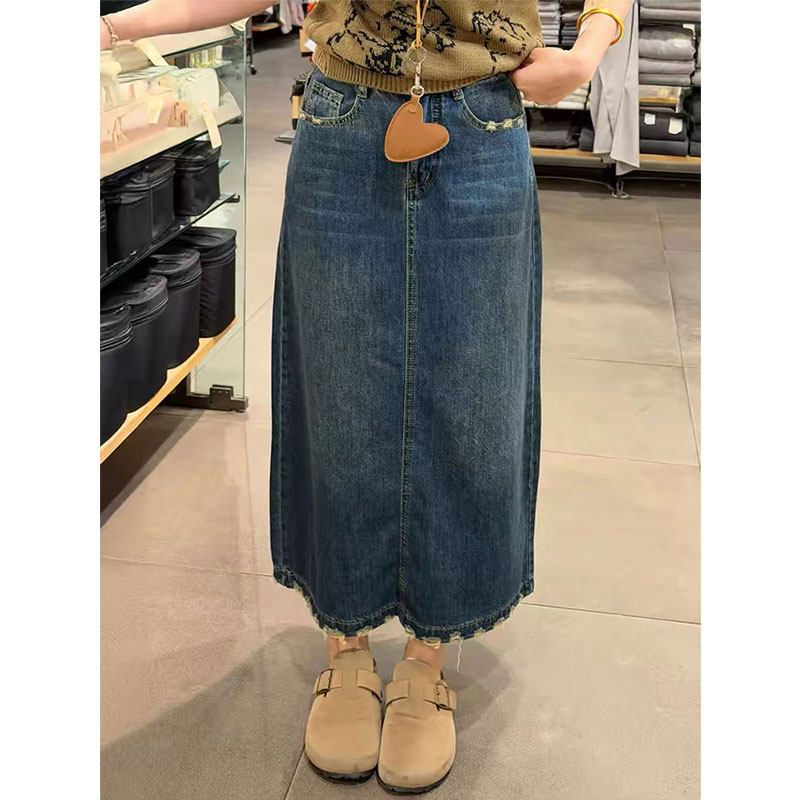 Saia Jeans Feminina com Bainha - A-Line Skirt Midi avaliação e preço